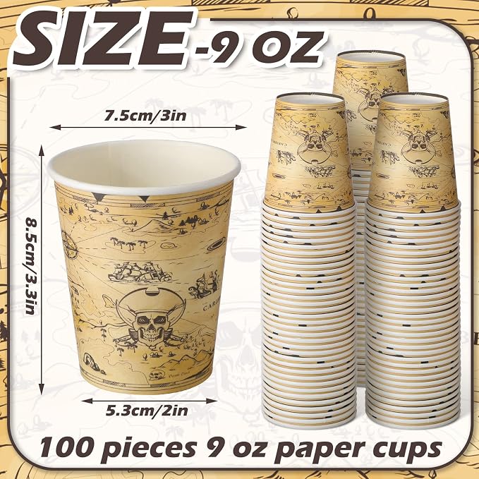 Funtery 100 Pcs Paper Drinking Cups, 9 oz Party Favor Supplies Decorations Disposable Drinking Cups for Western Theme Birthday Party Drinks Holidays Dinner(Retro Pirate)