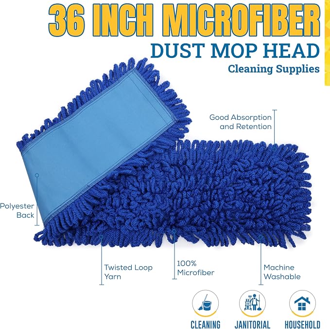 KLEEN HANDLER 36" Microfiber Dust Mop with Frame and 61" Extendable Clip-On Handle (2 Mop Heads, 1 Frame, 1 Handle), Commercial Dust Mop Kit for Floor Cleaning