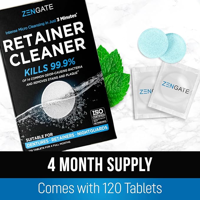 ZENGATE Retainer Cleaner Tablets for Dentures, Retainers, Aligners & Mouth Guards – 240 Denture Cleaning Tablets (8 Month Supply), Removes Plaque, Stains & Odor – FSA HSA Eligible