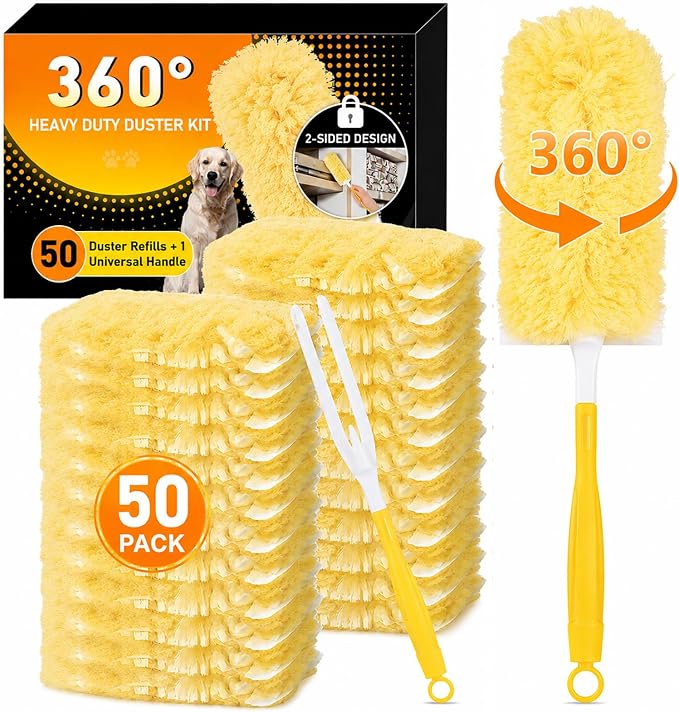 Duster Refills for Swiffer Duster, 50 Count Heavy Duty 2 Side 360° Dusters Refill Kit with 1 Handle, 4X Microfibers, Disposable Multi-Surface Duster for Cleaning Furniture Blinds Ceiling Fan