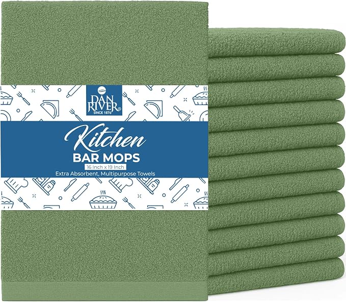 DAN RIVER Kitchen Bar Mops,Pack of 12,16 by 19 Inches,100% Cotton Super Absorbent,Multi-Purpose Cleaning Towels for Home and Kitchen Bars-Sage Green