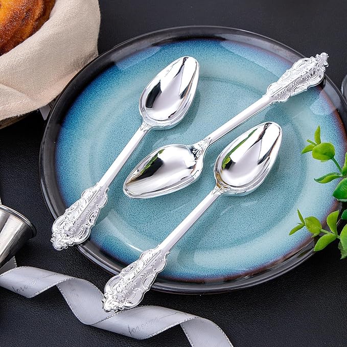 WDF 100 Piece Silver Plastic Spoons Disposable - 6.93 Inch Baroque Silver Silverware for Dessert Cake - Heavy Duty Plastic Spoons for Party Wedding Daily Using Baby Shower Spring