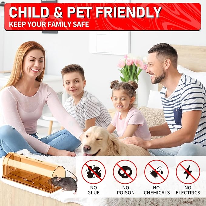 LULUCATCH Humane Mouse Traps 6 Pack, No Touch Catch and Release Live No Kill Rodent Traps, Reusable with Cleaning Brush, Pet Safe Indoor Outdoor Rodent Control for Mice, Rats, Chipmunks, Voles, Brown