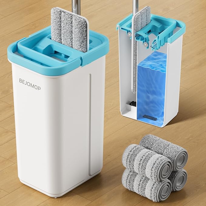 Mop and Bucket Set, 60" Long Handle Mops for Floor Cleaning, Squeeze Flat Mop and Bucket System, Dry & Wet Wall Mop Cleaner for Household Cleaning with 4 Microfiber Mops, Turquoise-Cyan