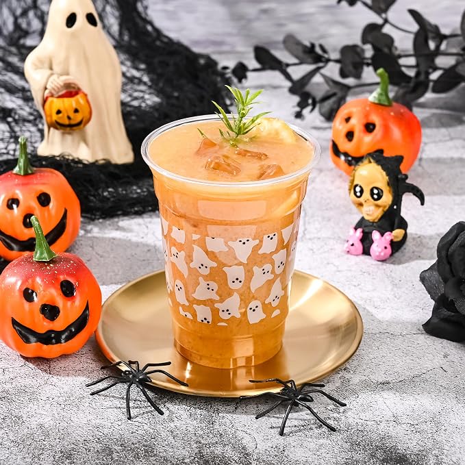 AimFun 50Pcs Summer Halloween Ghosts 12oz Clear Plastic Cups | White Black Ghosts, Disposable Party Cup, Summerween ,Cute Boo Spooky, for Candy Beverage Snacks Birthday Baby Shower