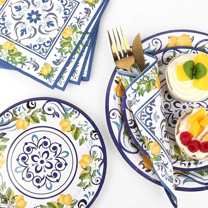 108 Pcs Lemon Party Plates and Napkins Blue Tiles Mediterranean Party Decor Disposable Tableware Sets Baby Shower Birthday Decorations Supplies Favors for 36 Guests