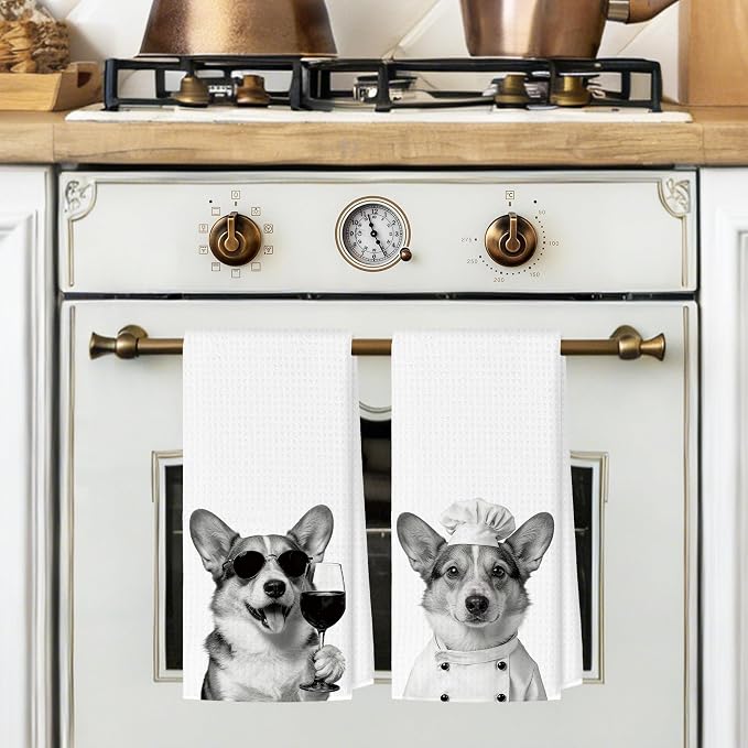 Funny Corgi Kitchen Towels Set of 2, Dog Kitchen Bar Accessories, Dog Chef Gifts for Women Decorative Hand Towels for Kitchen Decor, Corgi Lovers Dish Tea Towel, 16x24 Inch