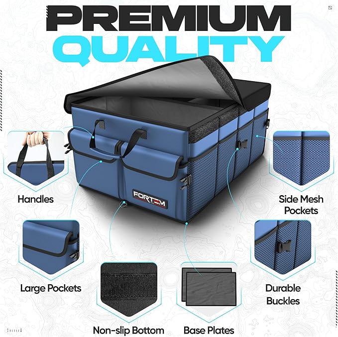 FORTEM Car Boot Organiser, Collapsible Multi Compartment SUV Organizer, Foldable Storage for Car Accessories for Women Men, 600D Oxford, Non Slip Bottom, Securing Straps, Soft Cover (50L)