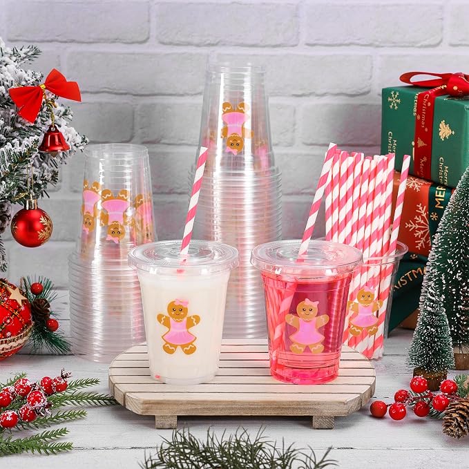 Whaline 50 Pcs 12 Oz Christmas Disposable Plastic Cups with Lids and Straws Cute Pink Gingerbread Man Cold Beverage Drinking Cups for Xmas Birthday Party Supplies