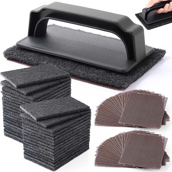 Reallnaive 93 Pcs Griddle Cleaning Kit Screen Holder Grill Screens Cleaning Pads Heavy Duty Abrasive Mesh Pads for Flat Tops, Cast Iron, Stainless Steel Griddle Cleaner Accessories Bundle (Black)