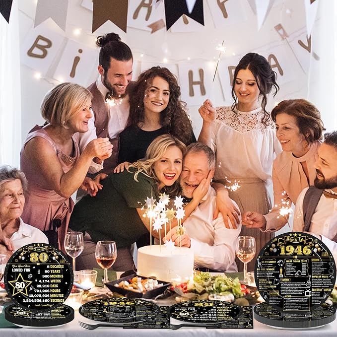 96Pcs 80th Birthday Plates and Napkins Back in 1946 Party Decorations Black Gold 80 Year Old Party Dessert Plates 1946 Birthday Tableware for 24 Guests 80th Theme Men Woman Bday Parties Supplies