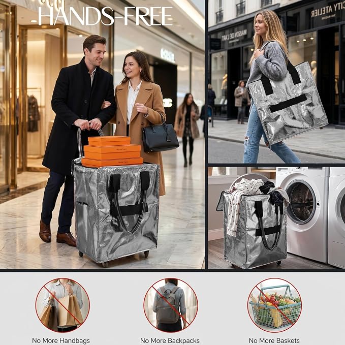 Rolling Tote Bag with Wheels Reusable Grocery Bags on Wheels for Laundry Camping Moving Waterproof