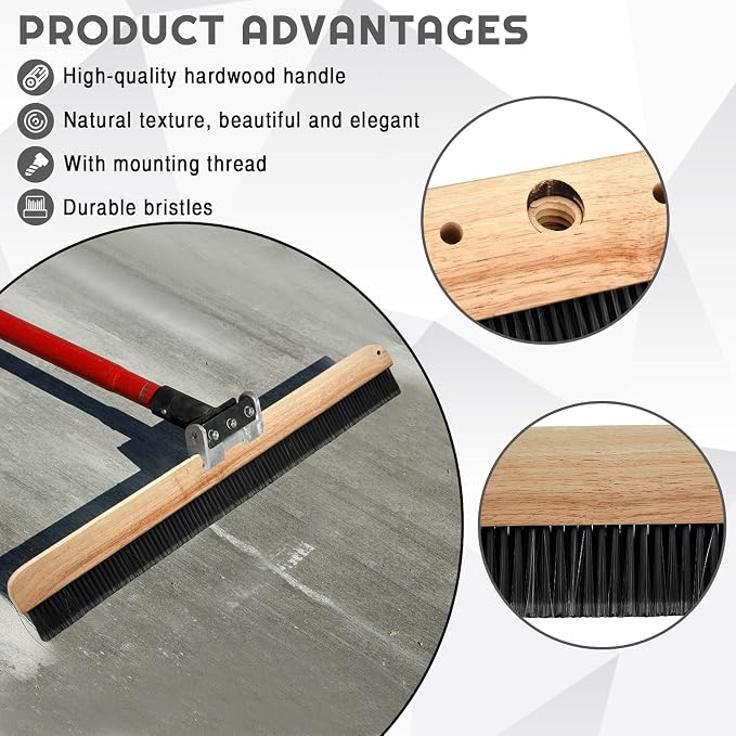 1 Pack 36 Inch Concrete Broom Finishing Tools Without Handle Wood Backed Brush Push Brooms with Mounting Threads for Concrete Finishes Hard Floors Yards