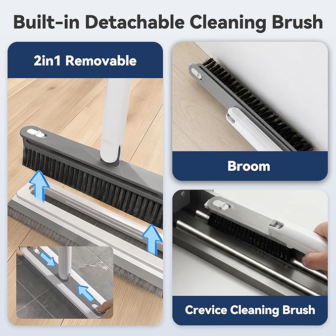 3 in 1 Floor Scrub Brush with Long Handle, Household Push Broom with V-Shaped Stiff Bristles, Detachable Head with Squeegee and Tweezer, Heavy Duty Scrubber Deck Brush for Bathroom Tile Patio Garage