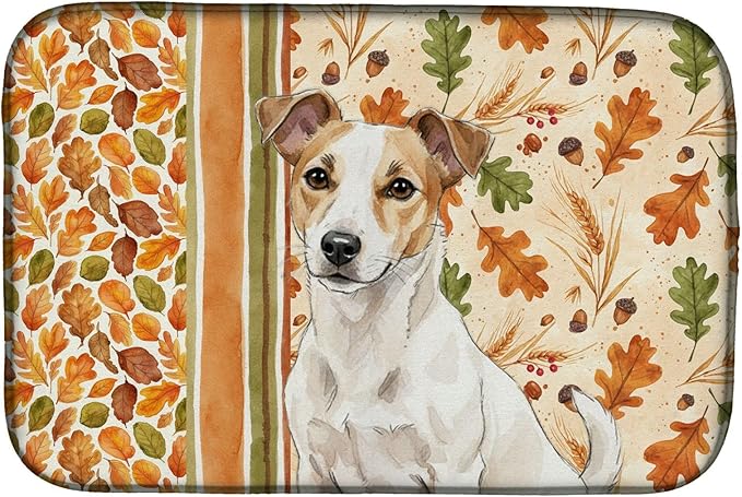 Caroline's Treasures White and Tan Jack Russell Terrier Heirloom Fall Dish Drying Mat Absorbent Dish Drying Mat Pad for Kitchen Counter Dish Drainer Mat for Countertop, 14 x 21", Multicolor