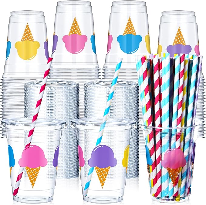 Blushtier 300 Pcs Ice Cream Disposable Plastic Cups with Lids and Straws 12oz Ice Cream Party Favors Clear Cold Drinking Cups Birthday Drinkware Set for Party Supplies