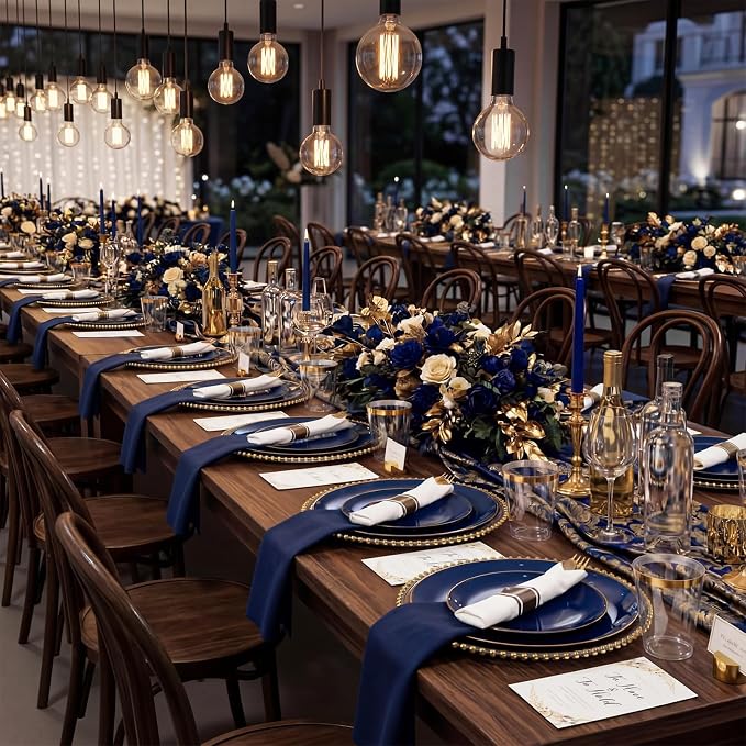KIRE 350Pcs Blue and Gold Plates -Heavy Duty Navy Blue Dinnerware Set - 100 Plastic Plates 50 Pre Rolled Napkins with Gold Plastic Silverware 50 Cups for Party/4th of July/Wedding