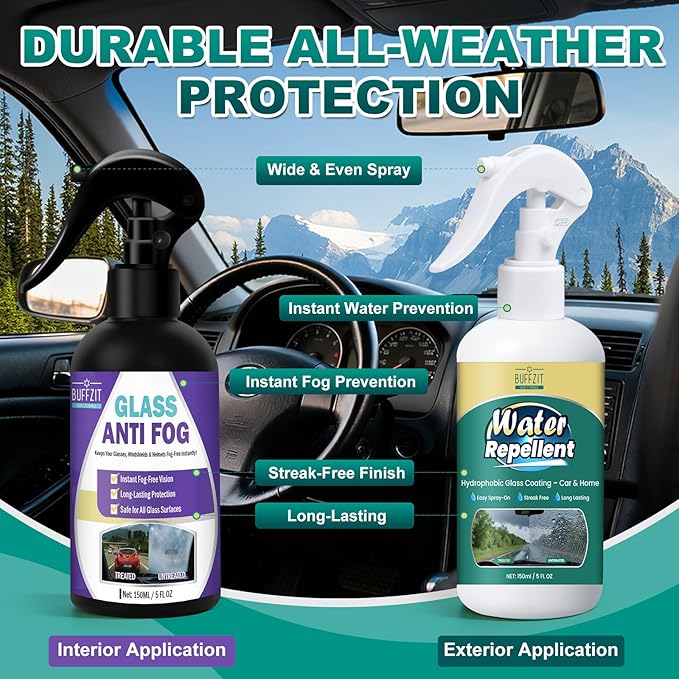 Anti-Fog and Rain-Repellent Spray Kit – Fast-Acting Defogger and Waterproof Spray for Clear Vision, Easy Spray for Car Windshields, Windows, Mirrors, Glasses, Goggles and Helmets (2-Pack)