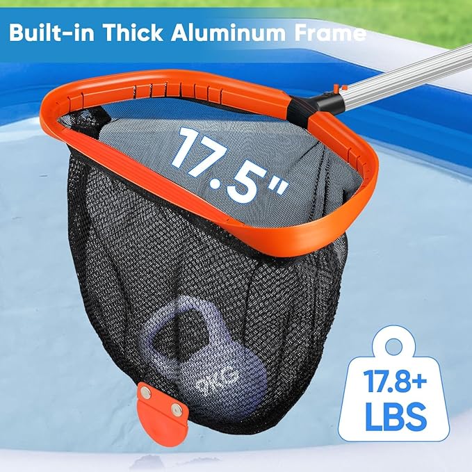 17.5" Pool Skimmer Net with 10 FT Aluminum 8 Sections Detachable Pool Poles, Heavy Duty Double Layer Pool Net with 1.2mm Thick Pole for Cleaning, Pool Leaf Rake for Above Ground & Inground Pools
