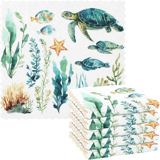 Underwater Turtle Fish Plant Kitchen Towels Dish Cloths Set of 6 Microfiber Cleaning Cloths for Cars Super Absorbent Machine