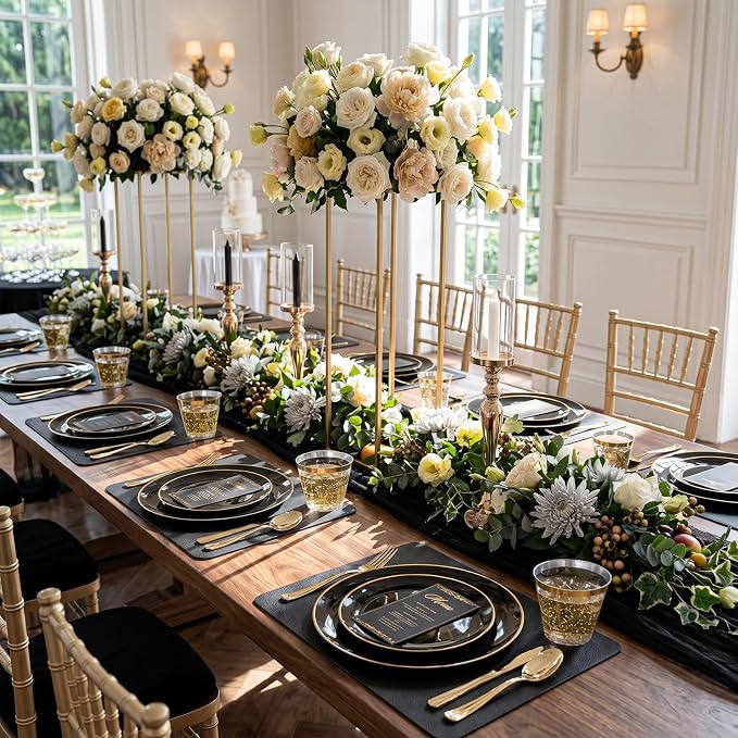 KIRE 350 PCS Plastic Dinnerware Set for 50 Guests - Black and Gold Plates 50 for Dinner 50 for Dessert & 50 Pre Rolled Napkins with Disposable Silverware 50 Cups for Graduation/Wedding/Father's Day