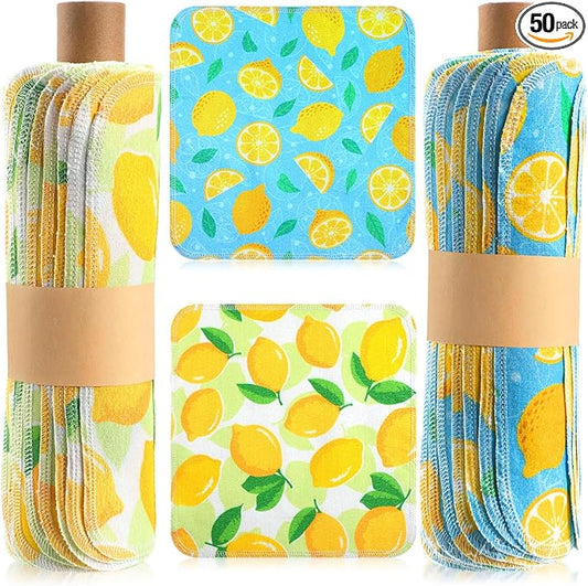Redbaker 50 Pcs Reusable Paper Towels Paperless Reusable Cotton Cloths Toilet Absorbent Washable Paper Towels with Roll Kitchen Dishcloth for Kitchen Paperless Dishcloths(Lemon)
