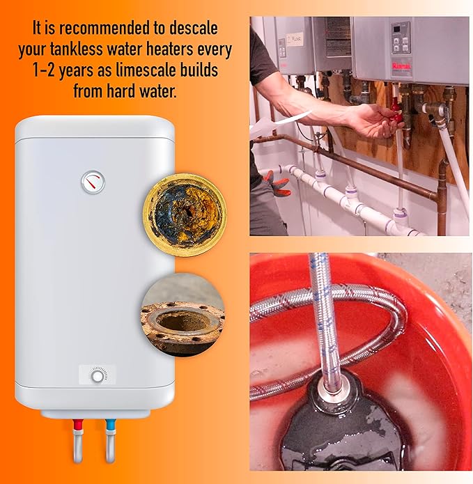 DrainX Tankless Water Heater Descaling Flush Kit - 3.5 Gallon Bucket, Heavy Duty 1/6 HP Pump, Steel Hoses, Maintenance Card, Instructions - Just add Vinegar or Descaler!