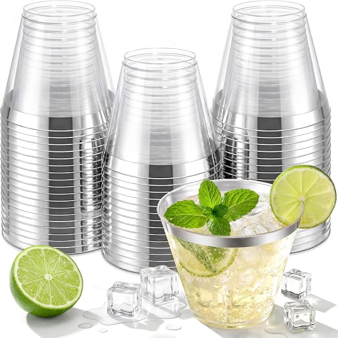 Nervure 120PCS Silver Plastic Cups - 9Oz Silver Rimmed Plastic Cups - Heavy Duty Plastic Cup with Silver Rim Perfect for Weddings, Receptions & Parties