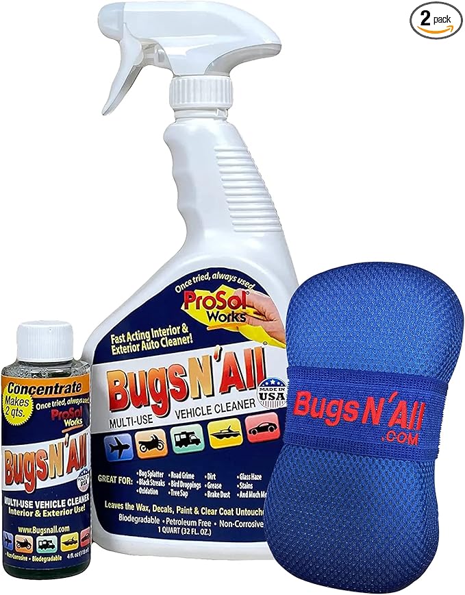 Bugs N' All Multi Surface Cleaner Spray Concentrate 4 oz. w/Empty Cleaning Spray Bottle 32 oz. & Bug Sponge for Car Washing - Mutli-Vehicle Cleaning - Bug & Tar Remover for all Vehicles