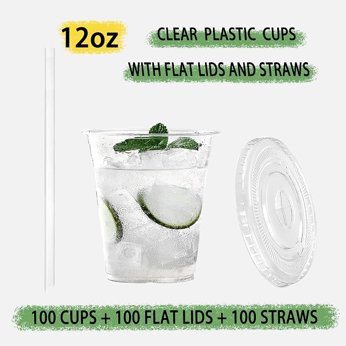 TashiBox[100 sets 12 oz plastic cups with lids and straws disposable, lemonade stand supplies,coffee essentials,smoothie cups