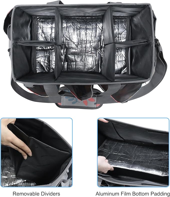 Wearable Cleaning Caddy Bag, Kitchen Supplies Organizer with Handle&Shoulder Strap, Under Sink&Car Cleaning Tool Tote with 4 Foldable Dividers for Housekeepers Cleaners (Grey Floral)