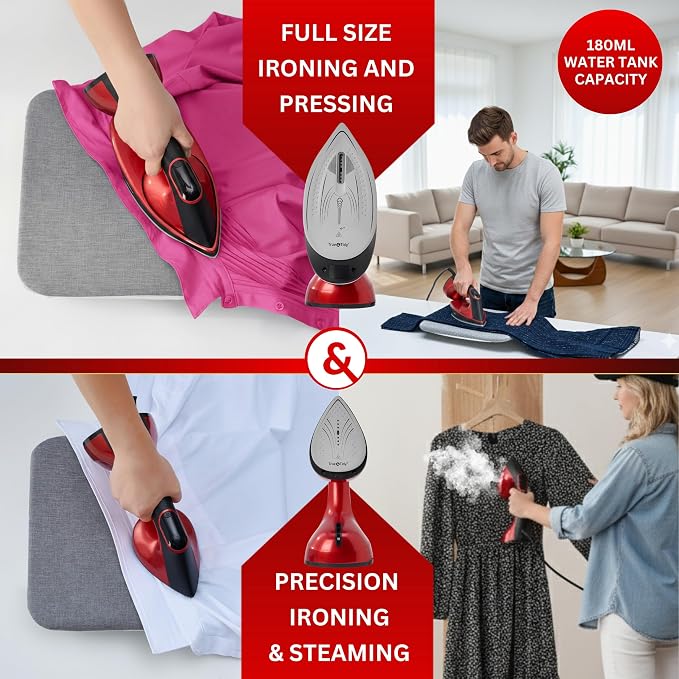 True & Tidy 2-in-1 Iron and Handheld Steamer, 1600W Dual Heating System with Ceramic-Coated Plate, LCD Display, No-Drip Technology, 3 Fabric Modes, Portable Garment Steamer for Home & Travel