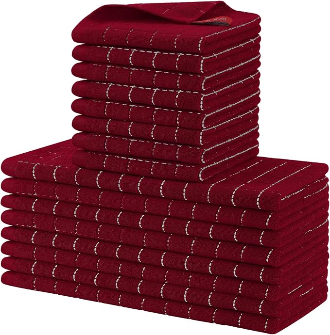 Homaxy Kitchen Towels and Dishcloths Set, 12 x 12 and 13 x 28 Inches, Set of 16 Bulk Cotton Terry Kitchen Towels Set, Checkered Designed, Soft and Super Absorbent Dish Towels, Brick Red
