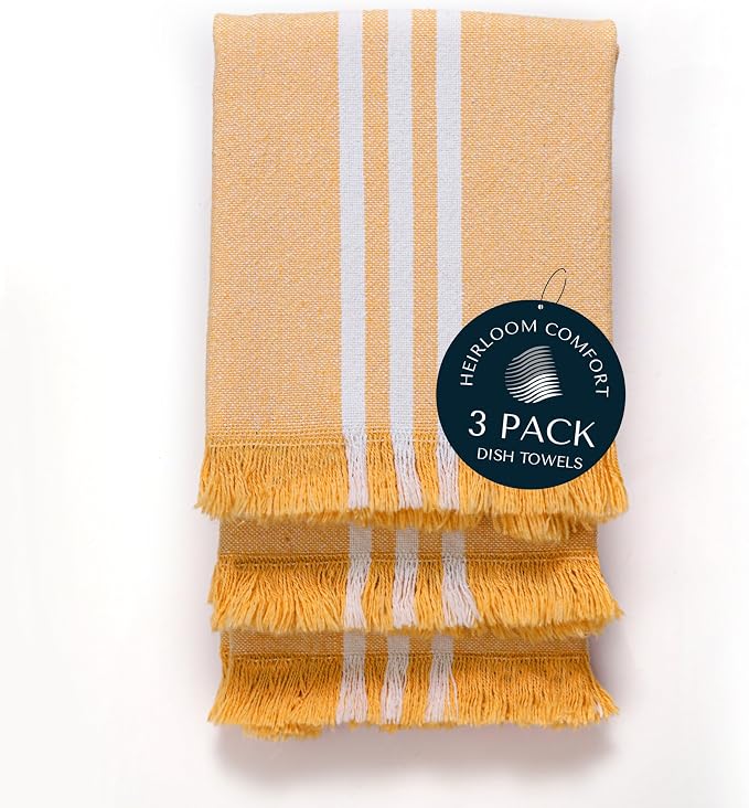 3 Pack Monochrome Stripe Dish Towels with Fringes, 16x26 Inch, 100% Cotton, Ultra Absorbent & Reusable, Quick Drying Kitchen Towels for Cleaning, Cooking, Drying, Mustard Yellow