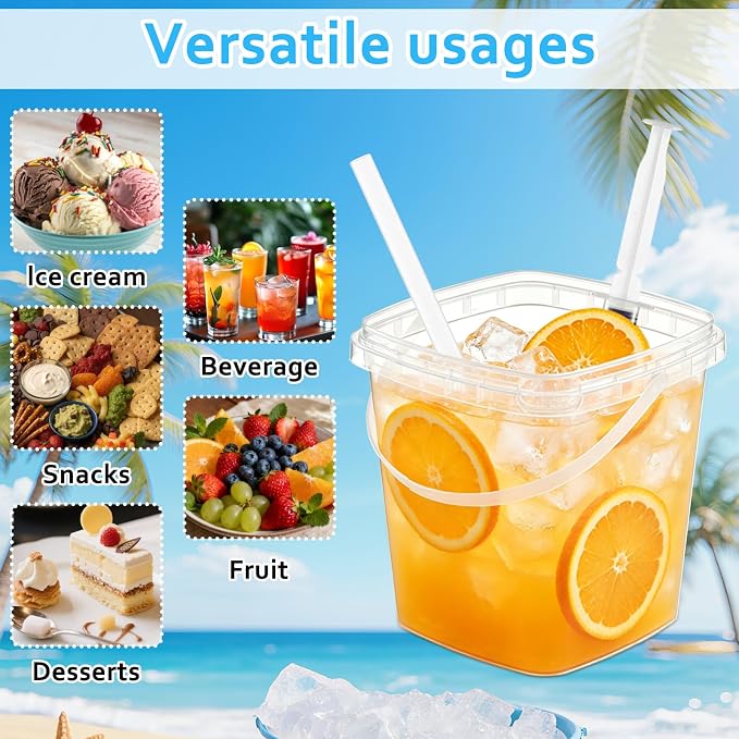 50 Sets Clear Plastic Drink Buckets with Lids Straws Syringes and Handles - 34 oz Disposable Rum Drink Buckets Punch Bowls for Wine Beer Cocktai Pool Beach Party Supplies