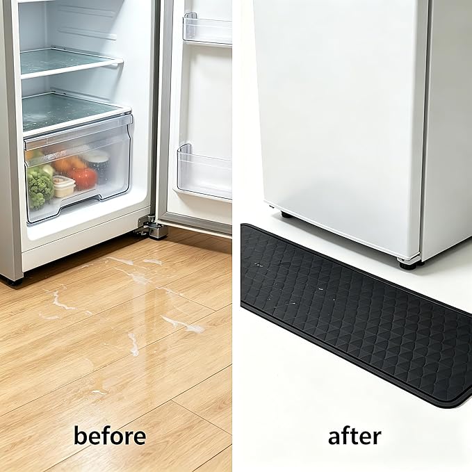 Refrigerator Mat, 37.5" x 8.5" Black Silicone Under Fridge Mat with Non-Slip Textured Surface, Leak-Proof Floor Protector for Refrigerator, Durable & Easy to Clean Appliance Mat
