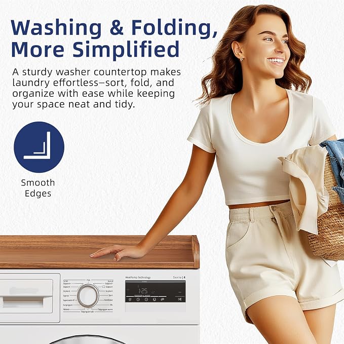 Memobarco Washer Dryer Countertop, 54" Width x 27.5" Depth Laundry Countertop Organization, Wooden Washer and Dryer Topper for Folding, Sorting & Ironing, Easy to Install, Walnut