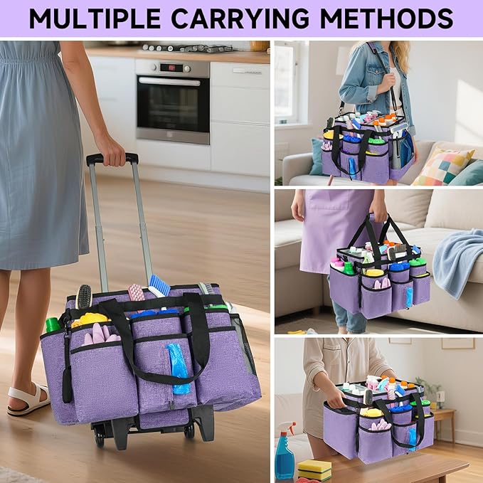 Large Rolling Cleaning Caddy Bag with Detachable Trolley,Cleaning Cart on Wheels with Shoulder Strap,Cleaning Supplies Organizer for Housekeepers,Purple