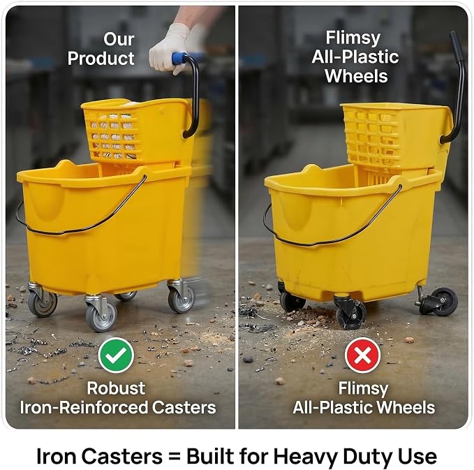 35 Quart Commercial Mop Bucket with Side Press Wringer on Wheels, Industrial Mop and Bucket Set with Loop-End Mop Head, Gloves and Microfiber Cloth, Heavy Duty Yellow Janitorial Cleaning Cart