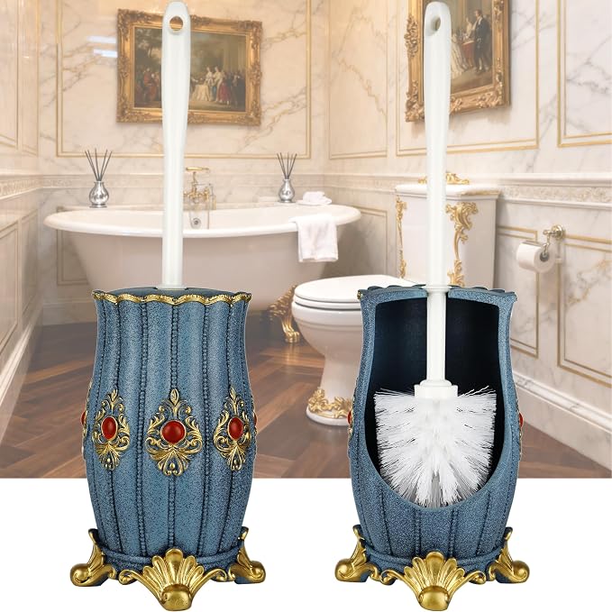 Vintage Toilet Brush Holder Set for Bathroom, Baroque Stylish Toilet Cleaning Brush and Holder with Wide-Mouth Storage Heavy Solid Base (Blue & Gold)