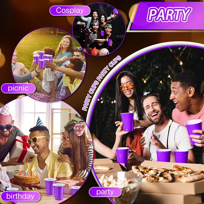 Lounsweer 100 Pcs 16 oz Disposable Party Cups Plastic Heavy Duty Drinking Water Cups for Birthday Baby Shower Wedding BBQ Picnic Party Supplies(Purple)