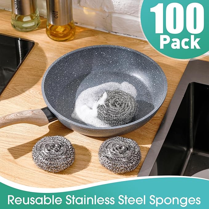 Roshtia 100 Pieces Stainless Steel Scouring Pad Bulk Metal Scrubber for Cleaning Dish 30 Gram Stainless Steel Sponge Round Metal Wool Scrubber for Cleaning Kitchen Bathroom Household