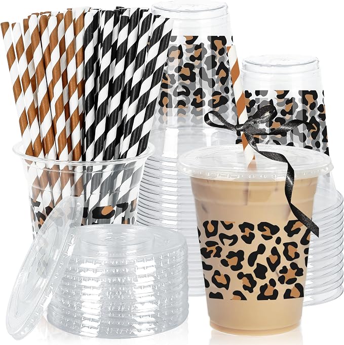 Whaline 50 Pcs Cheetah Plastic Cups with Lids and Straws Leopard Clear Plastic Cups 12 Oz Disposable Cup for Holiday Birthday Party Supplies