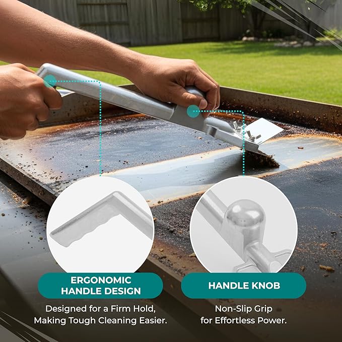Heavy-Duty Griddle Scraper Kit – Griddle Scrapers for Flat Tops & Grill Scraper with Ergonomic Handles, Splash Guard, 4 Extra Blades for Effortless Burnt-On Grease Removal