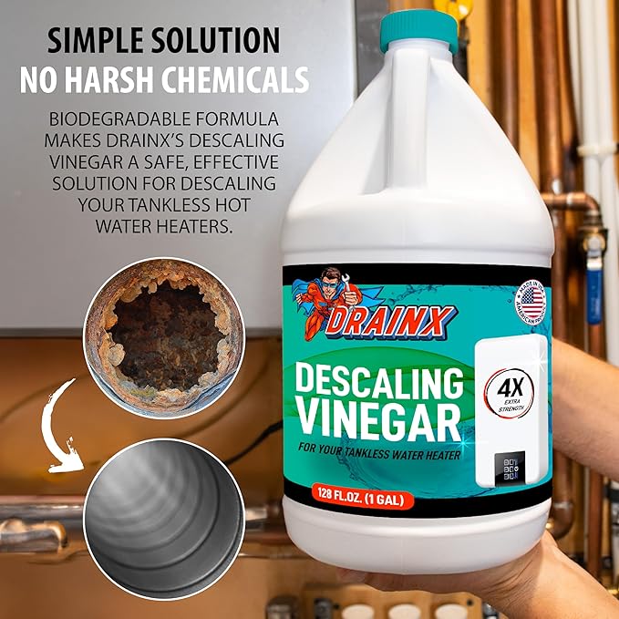 DrainX Tankless Water Heater Flushing Kit with Gallon Concentrated Vinegar, Dilutes to 4 Gallons, Heavy Duty 1/6HP Extra Strength Pump and Hoses.