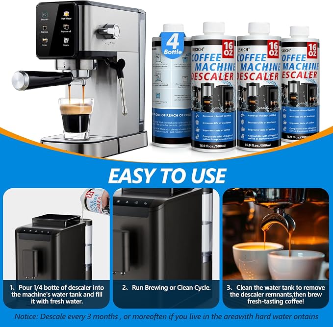 4 Pack Coffee Machine Descaler Descaling Solution -16 Uses,Descaling Solution for Descaling Solution for Keurig, Nespresso, Delonghi,Espresso Machines