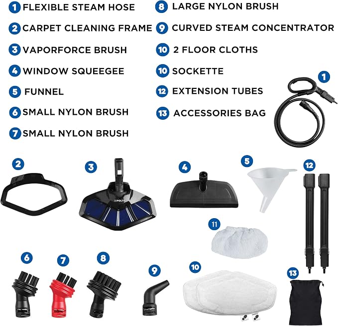POLTI Vaporetto Smart Steam Mop and Steam Cleaner for Cleaning and Sanitizing with 12 Attachments Works for Tile Floor with Grout, Carpet, Car Detailing, Hardwood, & Furniture 1 Year Warranty