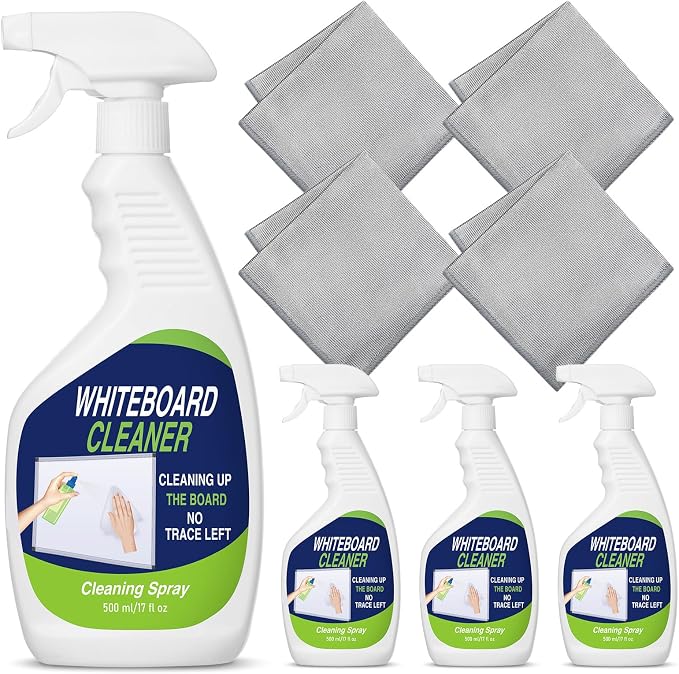 Fuyoooo 8 Pcs Whiteboard Cleaner Set 4 17 fl oz Dry Erase Board Liquid Cleaner with 4 Cloths White Board Cleaning Spray for Classroom Chalkboard Home Office (Light Gray)