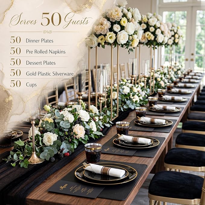 KIRE 350 PCS Plastic Dinnerware Set for 50 Guests - Black and Gold Plates 50 for Dinner 50 for Dessert & 50 Pre Rolled Napkins with Disposable Silverware 50 Cups for Graduation/Wedding/Father's Day