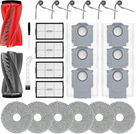 26Pcs Accessories Replacement Parts for Roborock Saros 20, Saros 10R, Qrevo CurvX Robot Vacuum Kit, 2 Main Brush 4 Hepa Filter 6 Mop Pads 6 Side Brush 6 Dust Bags 1 Screwdriver 1 Clean Tool